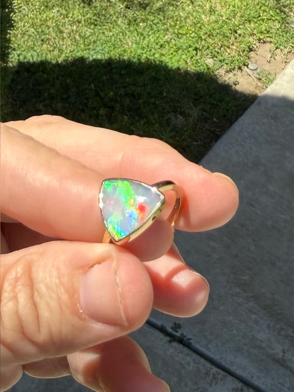 14k Gold Australian Opal Triangle Ring — Multi-Color Opal Accent - Picture 5 of 17